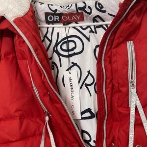 Orolay Red Puffer Down Jacket collaboration with Olay limited edition size large